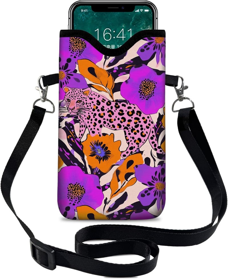 otilil Neoprene Cell Phone Sleeve Pouch Case Bag with Crossbody Strap Neck Lanyard for Women 7.1 X 3.9 in Purple Pink - Image 1